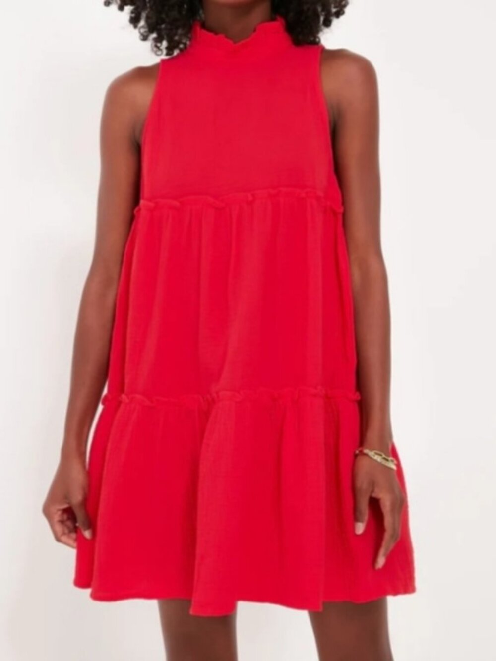 Tuckernuck Pomander Place Gauze High Neck Swing Dress 100% Cotton Red Mini Sz M